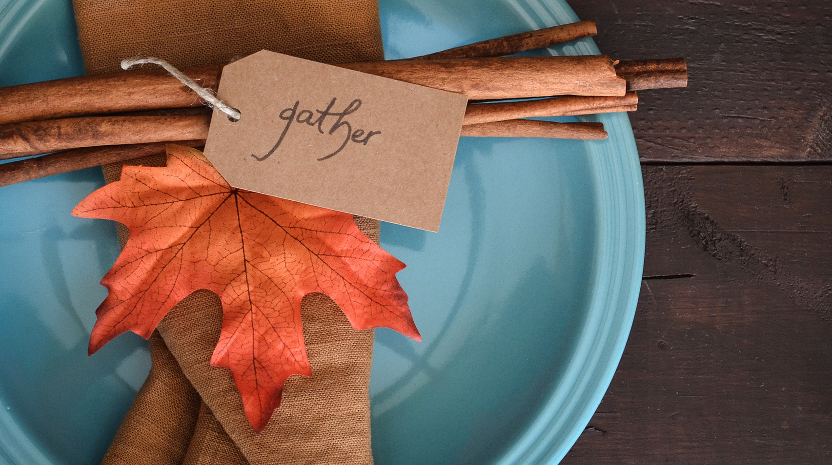 'Gather' on blue plate