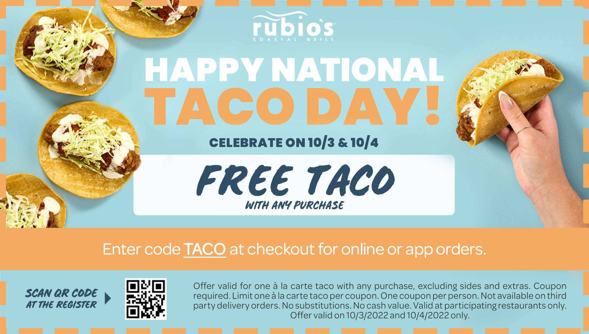 Free Taco with Any Purchase on 10/3 and 10/4 only
